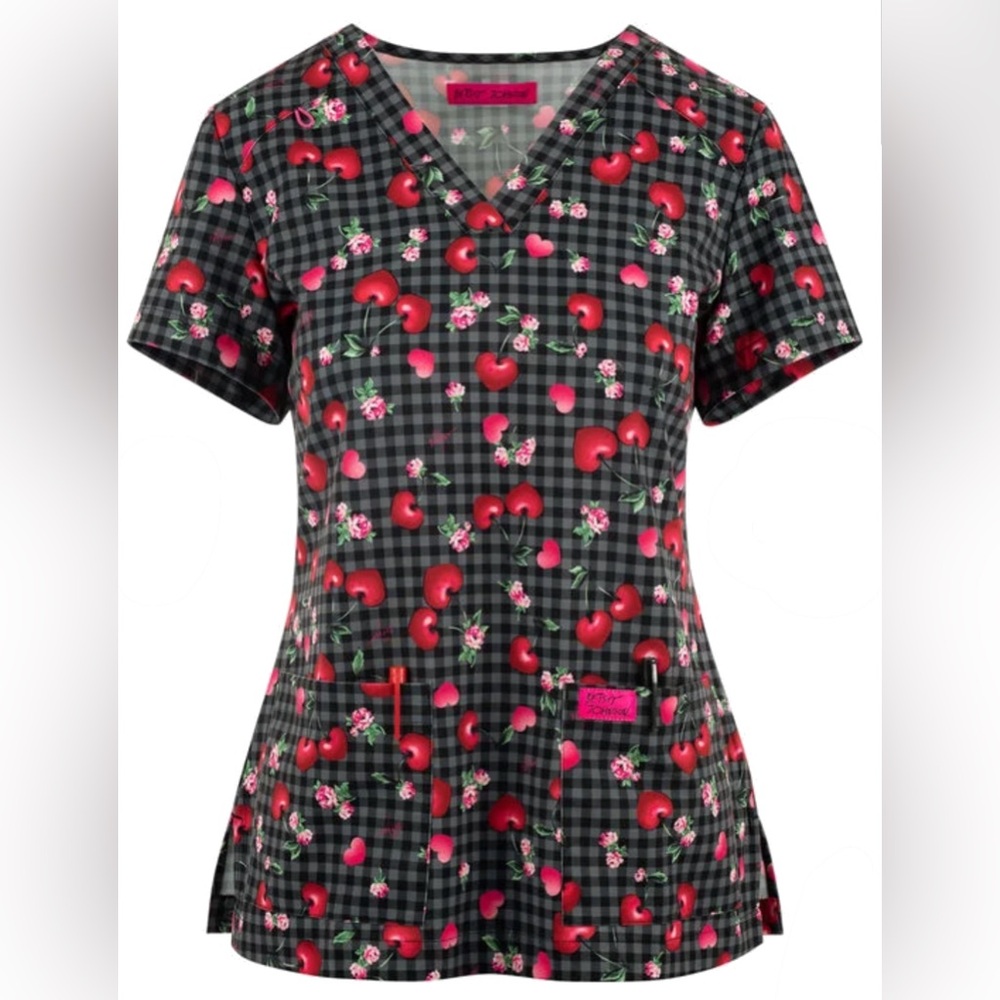 Betsey Johnson Mon Cheri Hearts Women's Scrub Top- 2 sizes available (M & L)